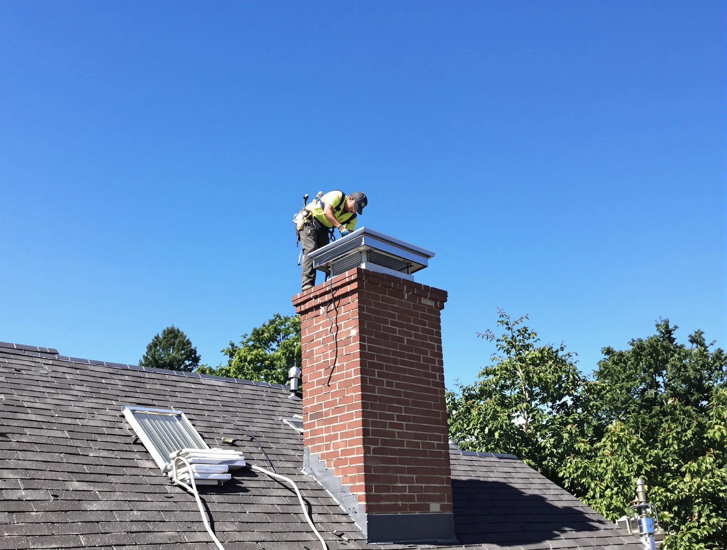 Livingston Chimney Sweep technician measuring a chimney cap in Livingston, NJ